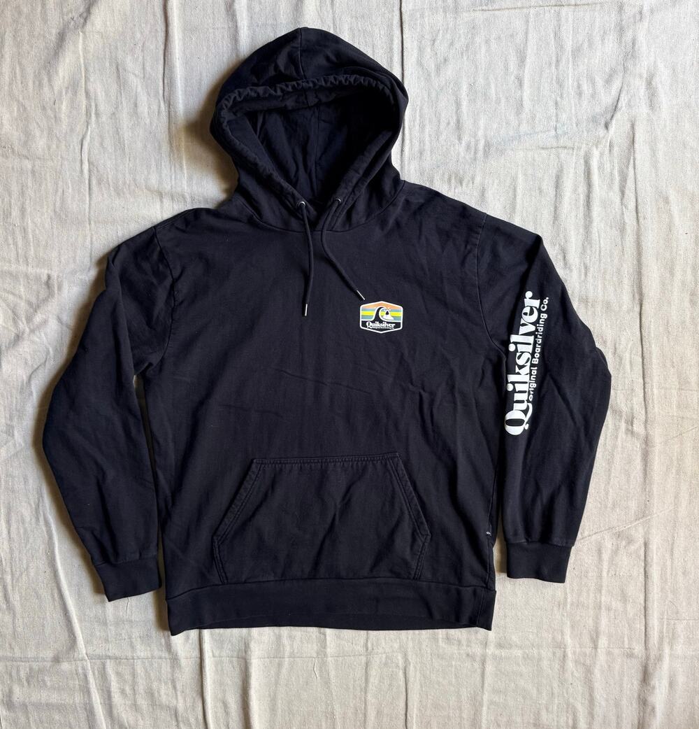 Quiksilver Sweatshirt Men's L Pull Over Hoodie Black Sleeve Hit Y2K Style Logo